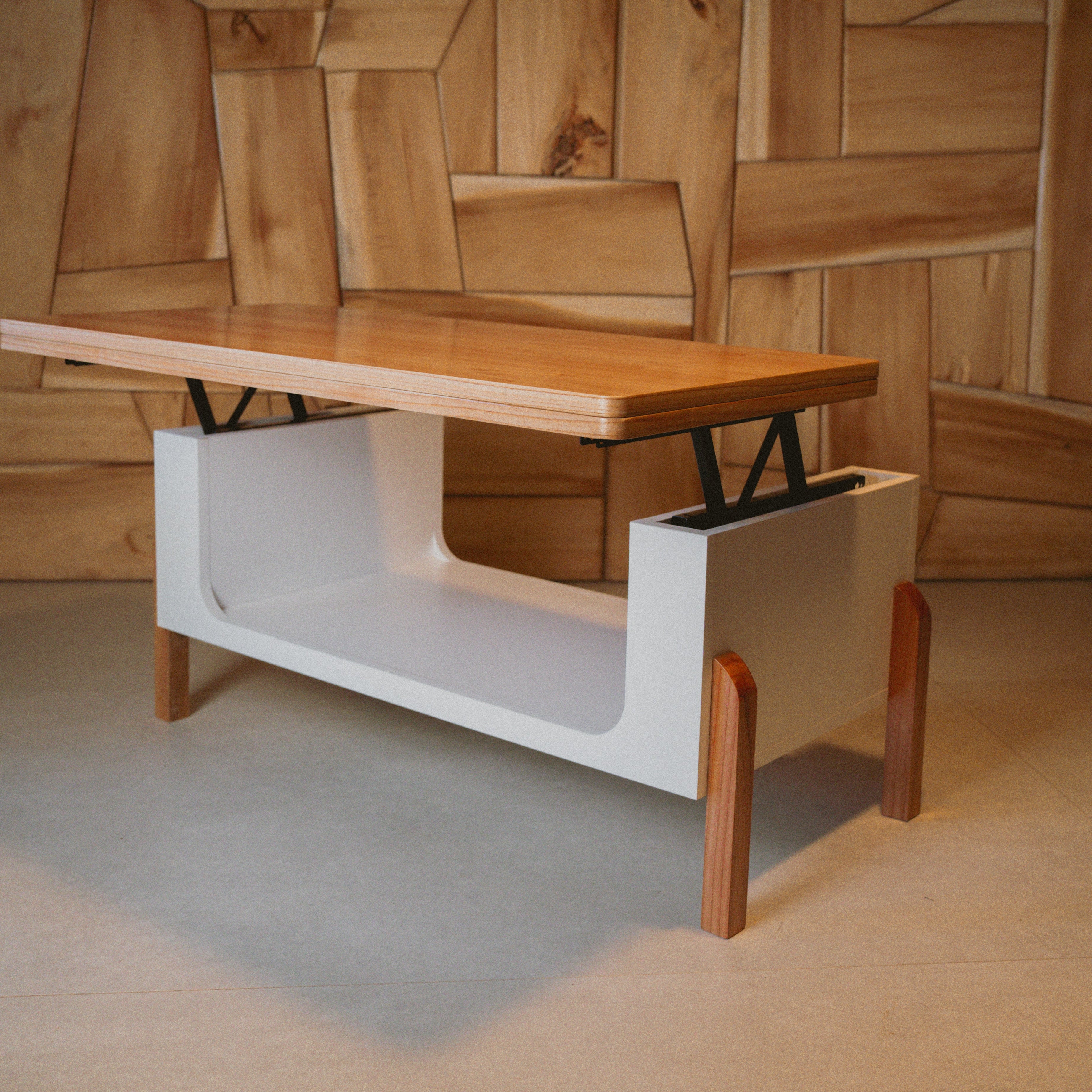 Mesa ratona elevable LIFT en ambiente minimalista, combinando funcionalidad y diseño moderno